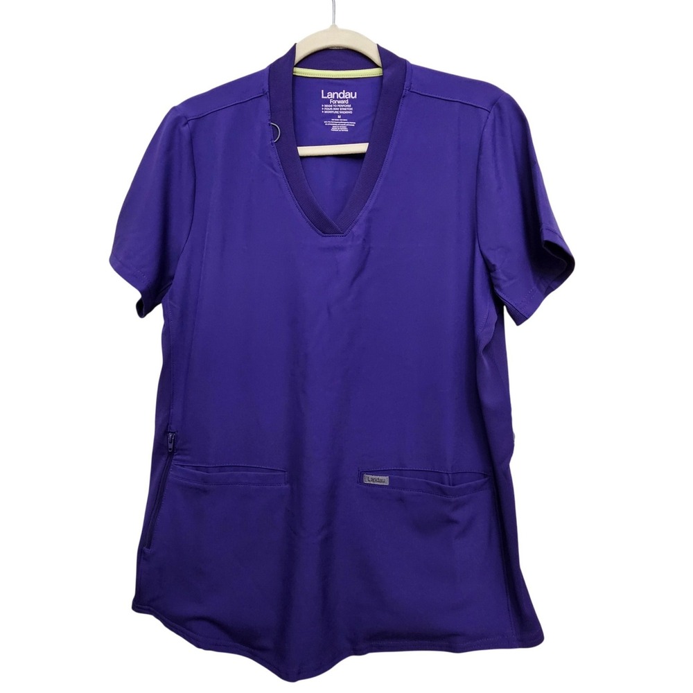 Landau Scrub Top Women Medium Grape Purple Rib Knit V-Neck Performance Uniform